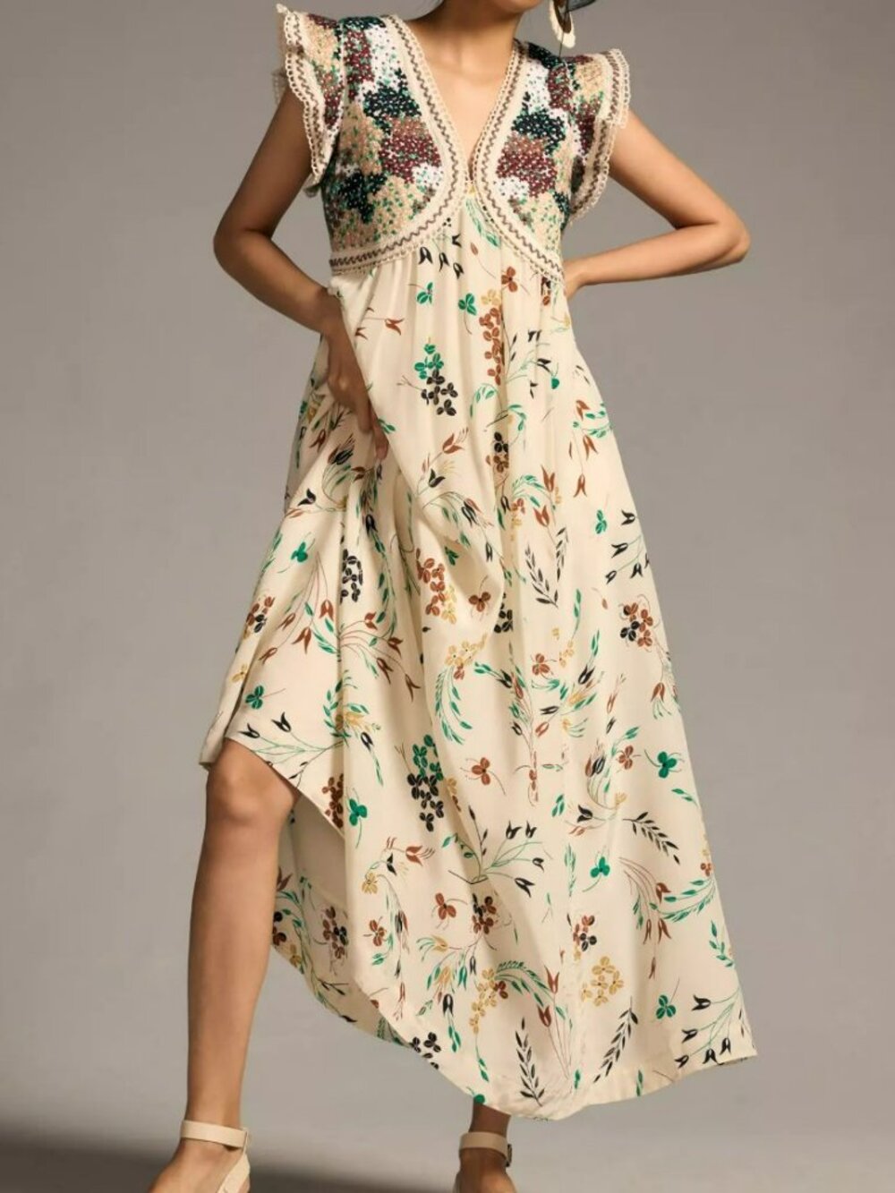 Anthropologie Printed V-Neck Maxi Dress Crochet Bodice